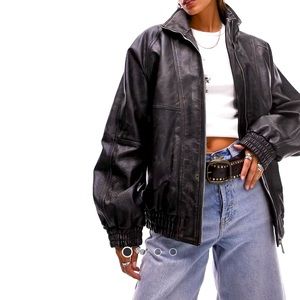 NWOT Topshop Oversized Bomber Real Leather Jacket Moto 1990 Y2K Grunge Large 10